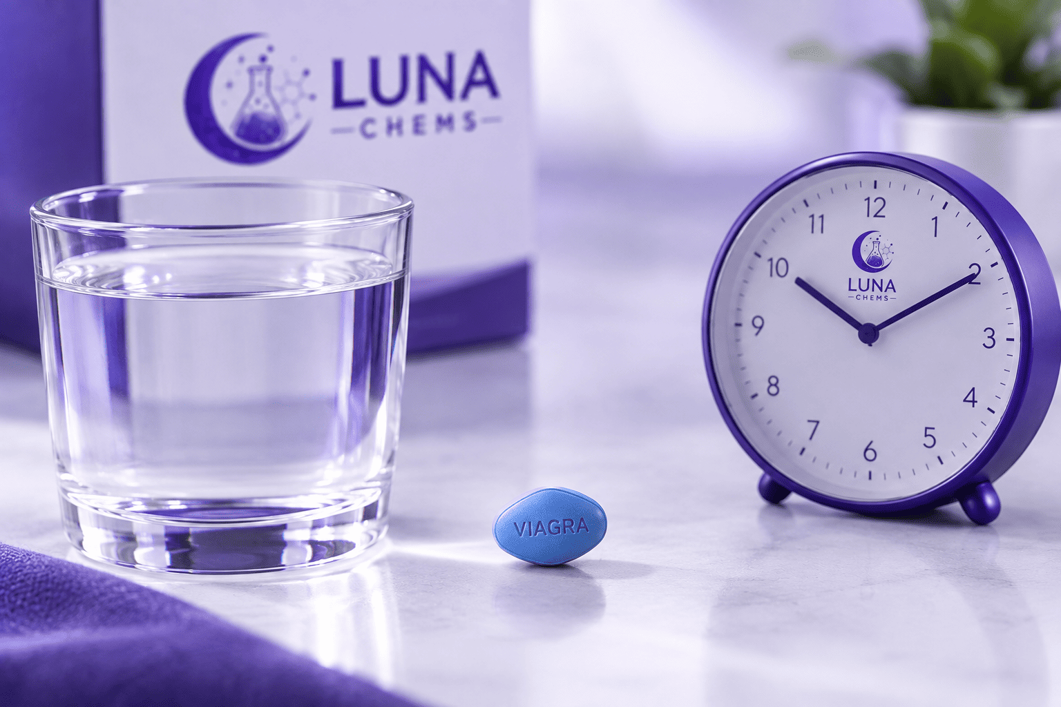 Clock and glass of water illustrating how long Viagra usually lasts
